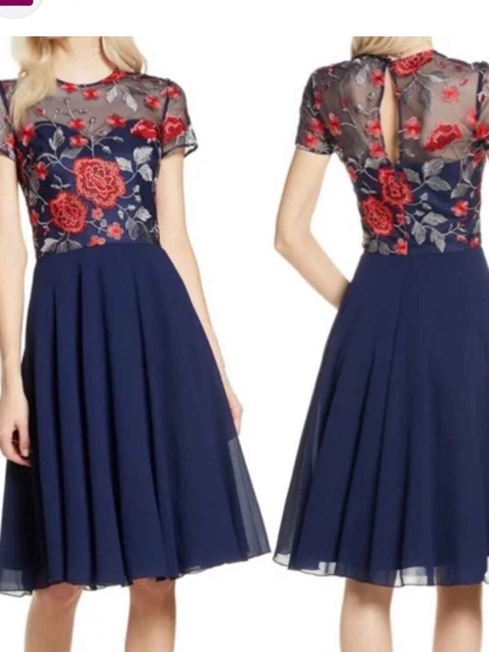 Chi Chi London Navy Midi Dress with Red Floral Embroidery